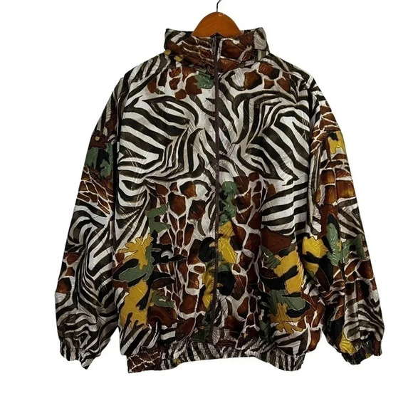 Kaktus Vintage Windbreaker 2X Zebra Giraffe Print Full Zip Up Pockets Mock Neck - Picture 1 of 11
